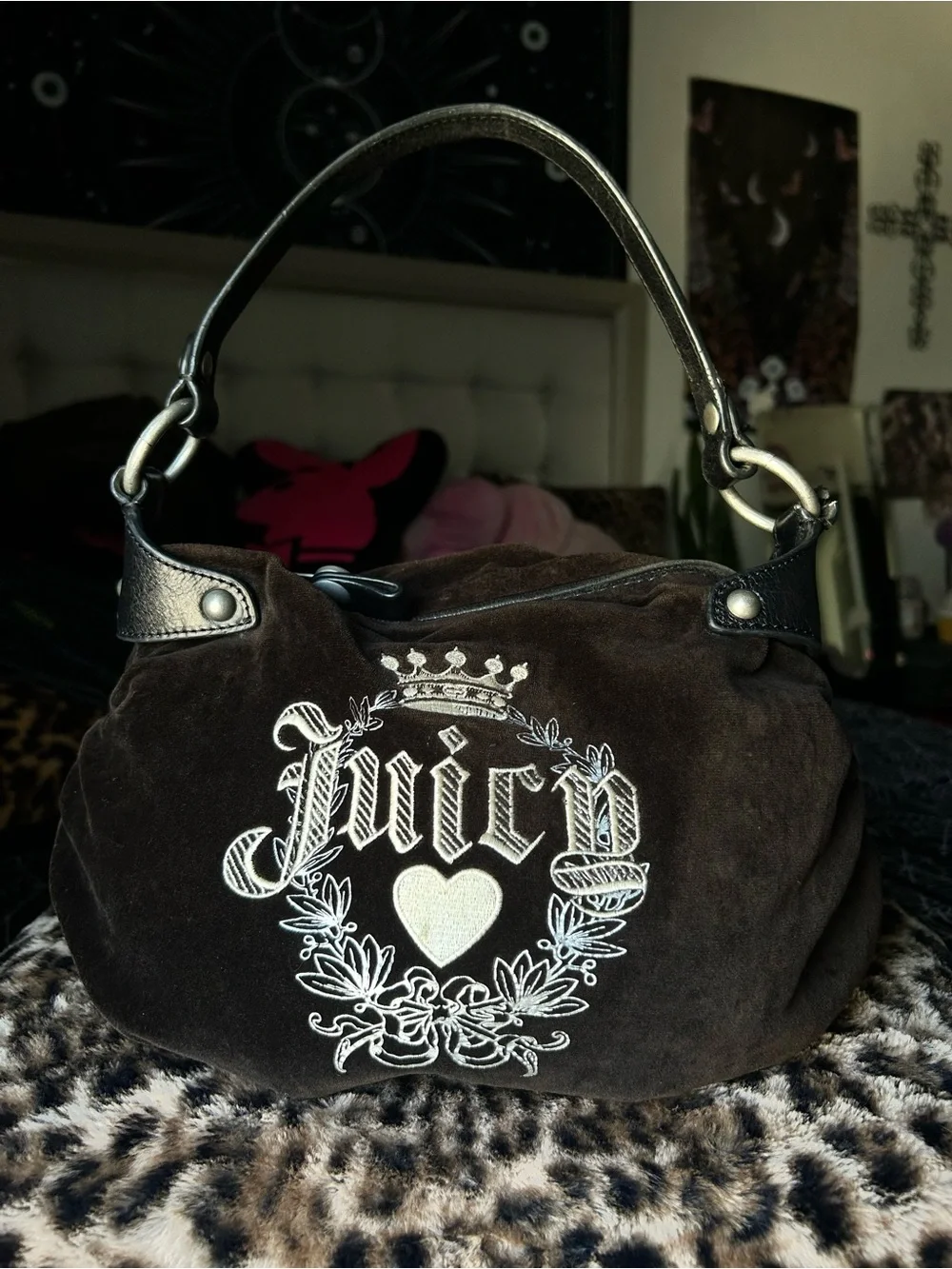 Juicy Couture Dark Brown Suede Shoulder Bag with Embroidered Crest